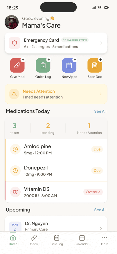 TendLog app home screen